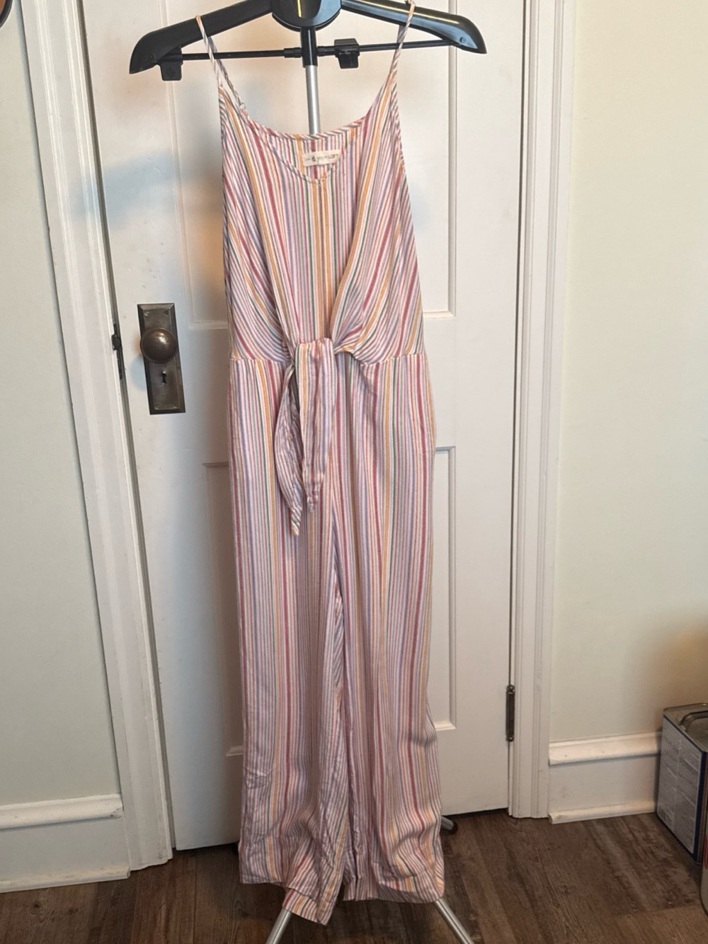 Lou & Grey LOFT Striped Jumpsuit Small S Pastel Multi Color Tie Waist Wide Leg